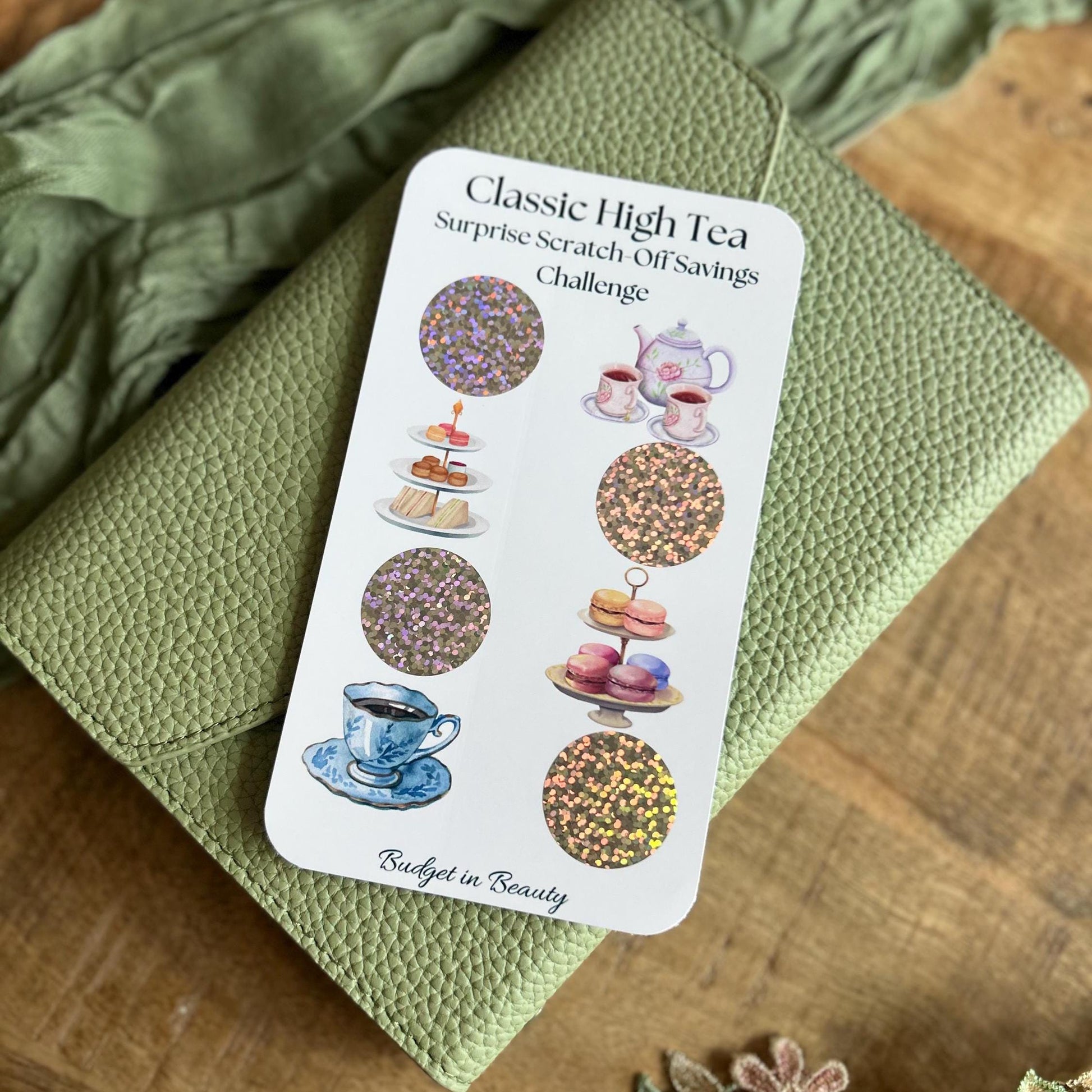 Cute high tea scratch off saving challenges. Budget cash stuffing